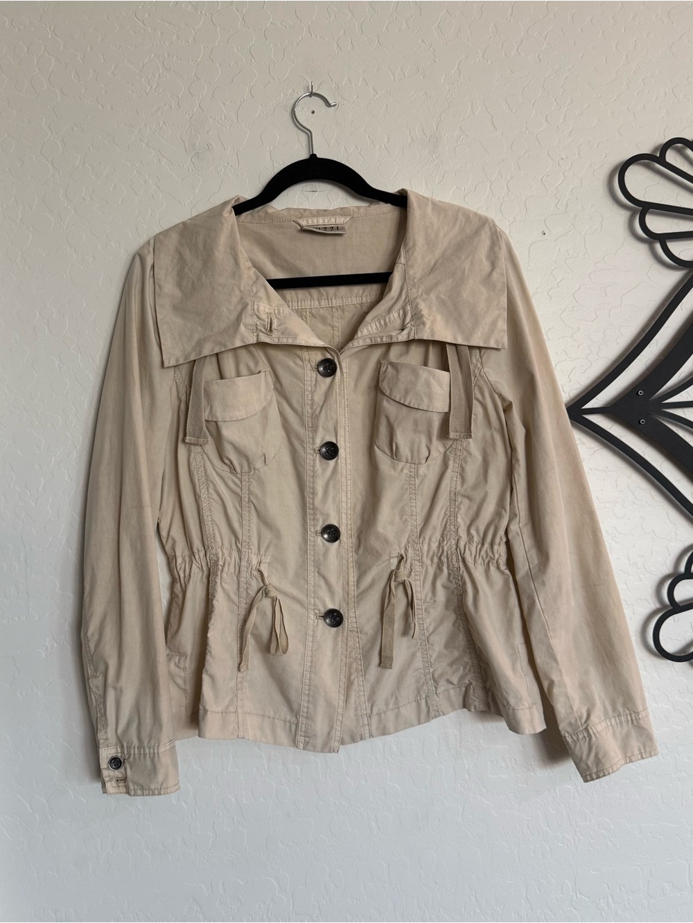 TUZZI Beige Cotton Utility Safari Jacket Drawstring Size 10 EUC